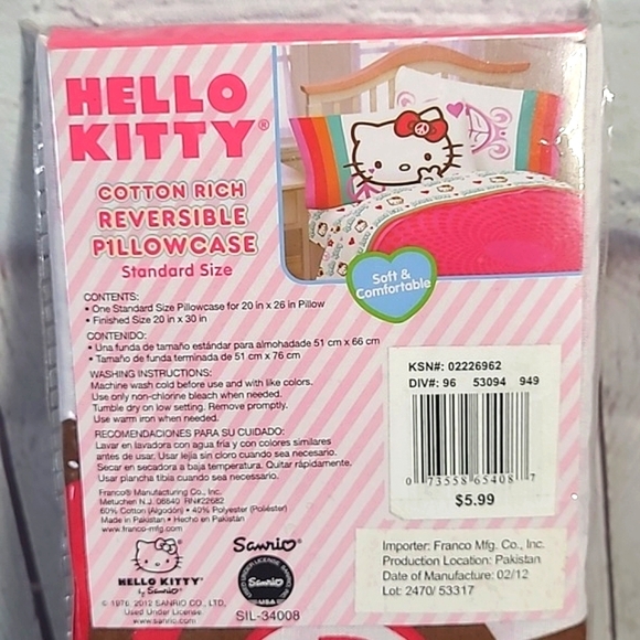 🆕️NWT Sanrio Hello Kitty Peace Sign Standard Size Reversible Cotton Pillowcase - Picture 6 of 11